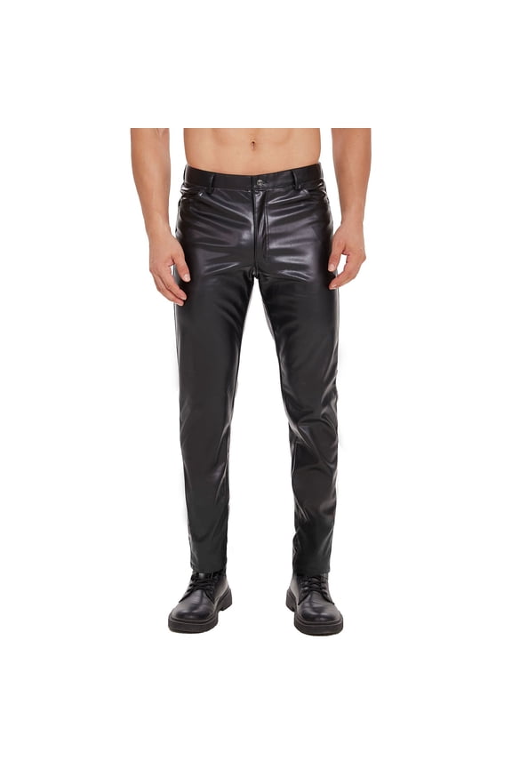 Mens Shiny Leather Pants, Soft Matte Leather, Sexy Zipper Open Crotch Casual Trousers