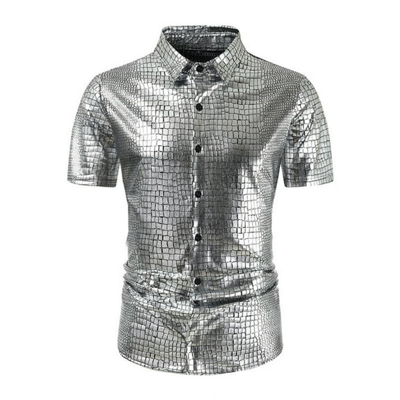 Mens Shiny Metallic Sequin Stretchy Short Sleeve Button Down Shirts for 70s Disco Party