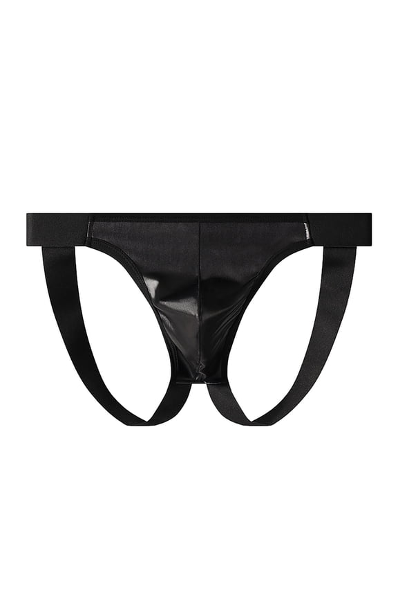 Mens Shiny PU Faux Leather Underwear Jockstrap Thong - Bold Provocative Strappy Design, Low Rise Fashion Underwear for Clubwear & Special Occasions, Black,Size M
