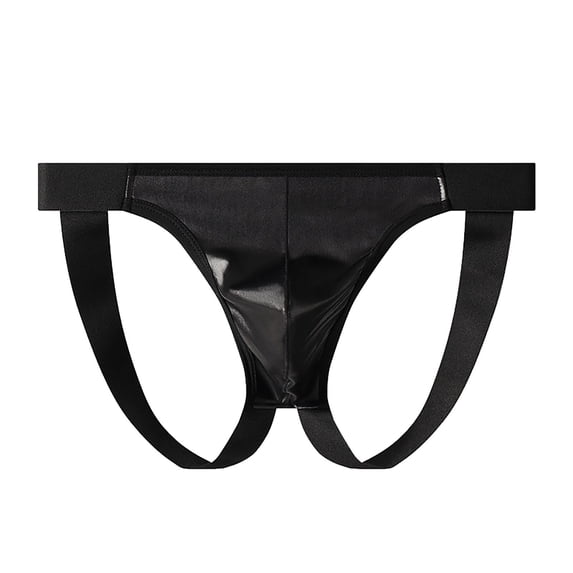 Mens Shiny PU Faux Leather Underwear Jockstrap Thong - Bold Provocative Strappy Design, Low Rise Fashion Underwear for Clubwear & Special Occasions, Black,Size 2XL