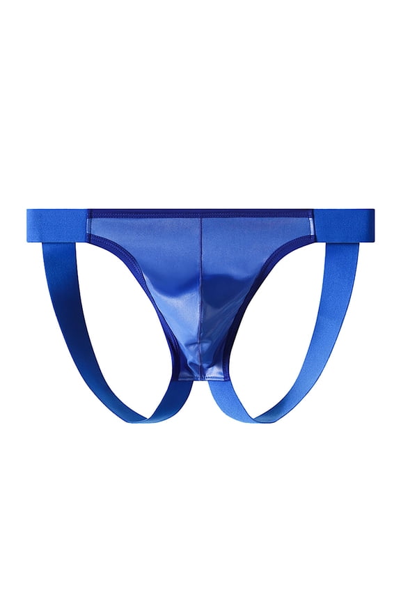 Mens Shiny PU Faux Leather Underwear Jockstrap Thong - Bold Strappy Provocative Low Rise Briefs for Men, Fashion Clubwear & Special Occasion, Royal Blue,Size 2XL