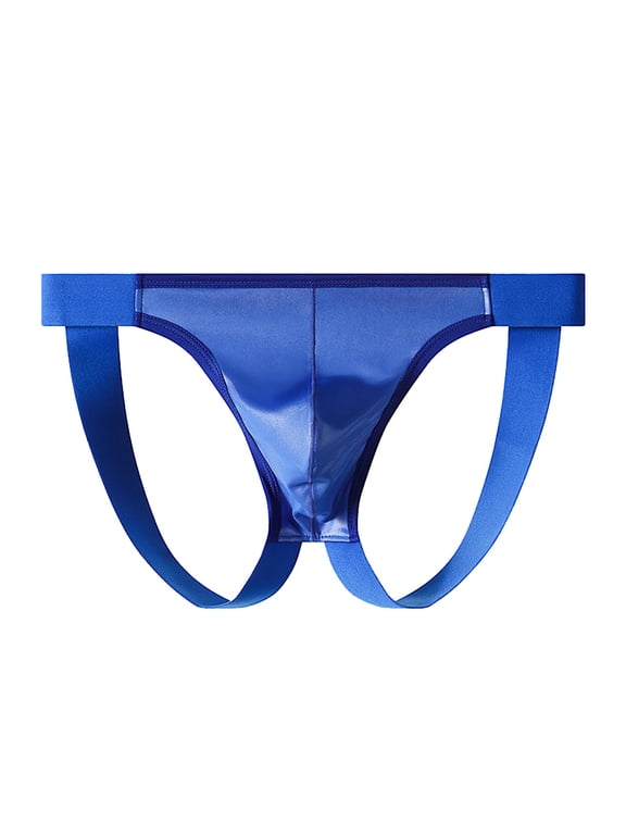 Mens Shiny PU Faux Leather Underwear Jockstrap Thong - Bold Strappy Provocative Low Rise Briefs for Men, Fashion Clubwear & Special Occasion, Royal Blue,Size M