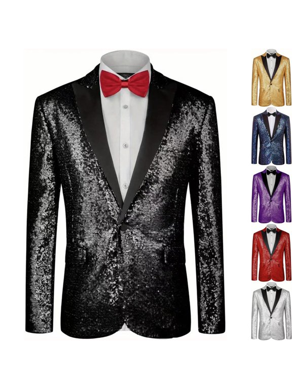 Mens Shiny Sequin Blazer One Button Peak Lapel Jacket Tuxedo Sportcoat Glitter Dress Coat with Pockets for Party Nightclub Stage Performance, Black, M