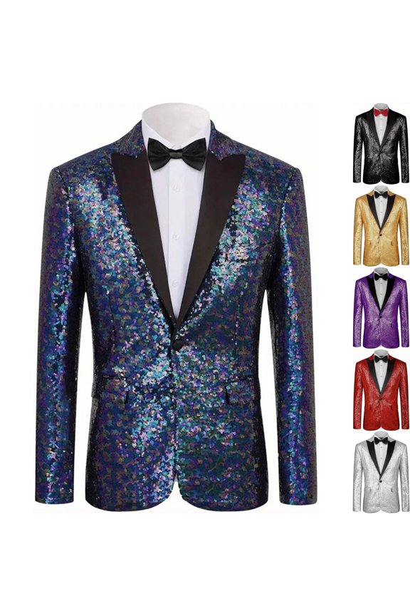 Mens Shiny Sequin Blazer One Button Peak Lapel Jacket Tuxedo Sportcoat Glitter Dress Coat with Pockets for Party Nightclub Stage Performance, Multicolor, XXL