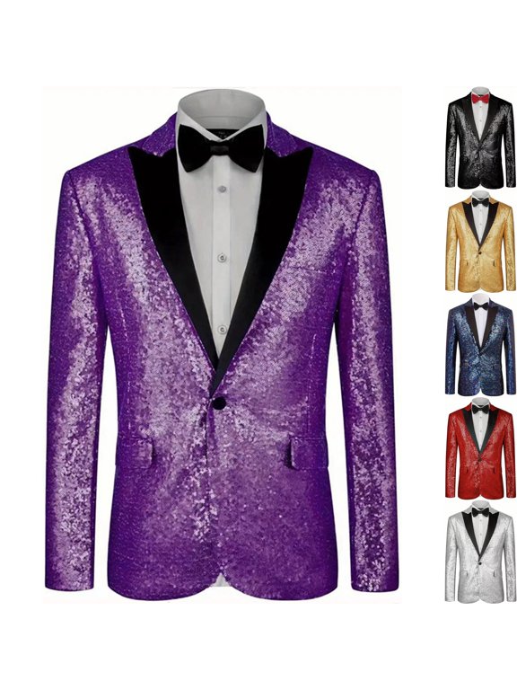 Mens Shiny Sequin Blazer One Button Peak Lapel Jacket Tuxedo Sportcoat Glitter Dress Coat with Pockets for Party Nightclub Stage Performance, Purple, S