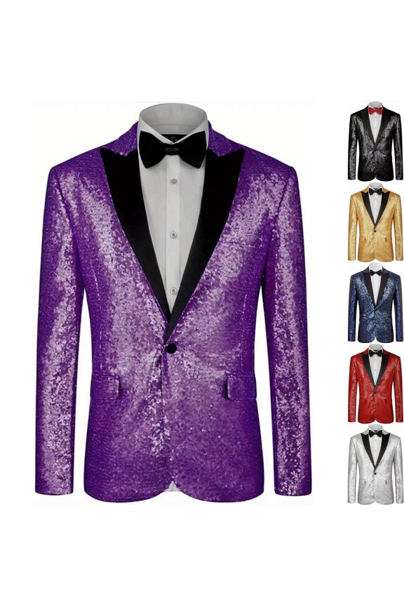Mens Shiny Sequin Blazer One Button Peak Lapel Jacket Tuxedo Sportcoat Glitter Dress Coat with Pockets for Party Nightclub Stage Performance, Purple, XL