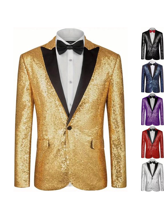 Mens Shiny Sequin Blazer One Button Peak Lapel Jacket Tuxedo Sportcoat Glitter Dress Coat with Pockets for Party Nightclub Stage Performance, Gold, L