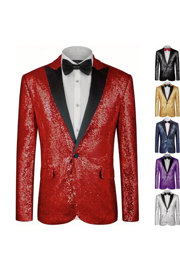 Mens Shiny Sequin Blazer One Button Peak Lapel Jacket Tuxedo Sportcoat Glitter Dress Coat with Pockets for Party Nightclub Stage Performance, Red, M