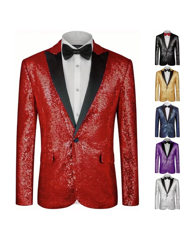 Mens Shiny Sequin Blazer One Button Peak Lapel Jacket Tuxedo Sportcoat Glitter Dress Coat with Pockets for Party Nightclub Stage Performance, Red, M