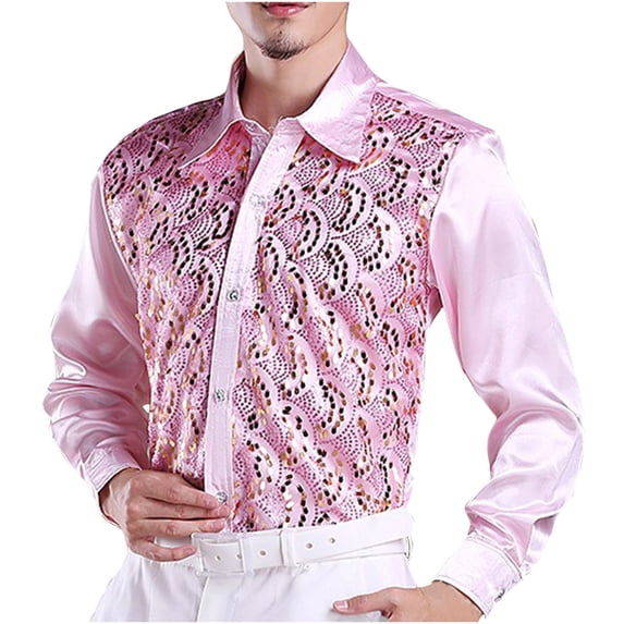 Mens Shiny Sequin Dress Shirt Hollow Out Long Sleeve Button Down Performance Tops for Show & Party