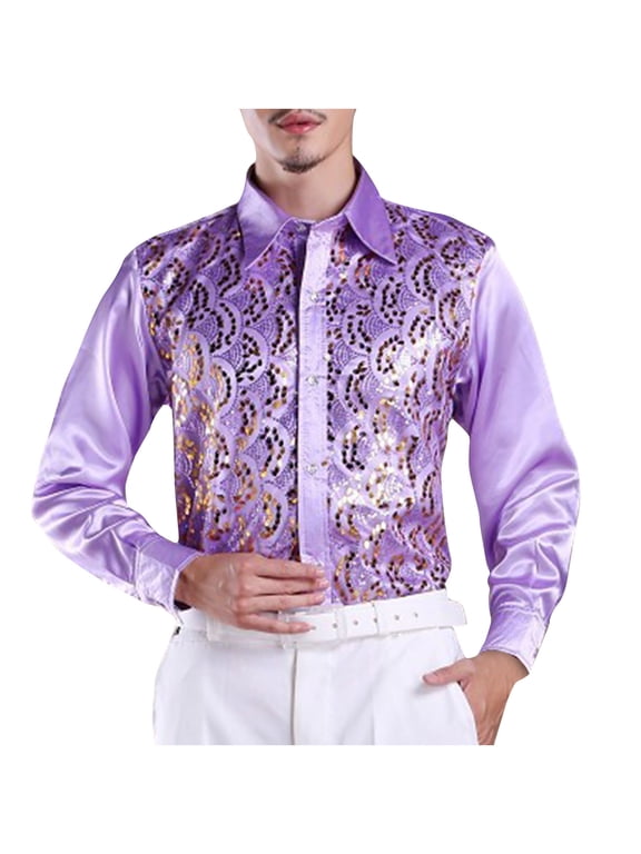 Mens Shiny Sequin Dress Shirt Hollow Out Long Sleeve Button Down Performance Tops for Show & Party