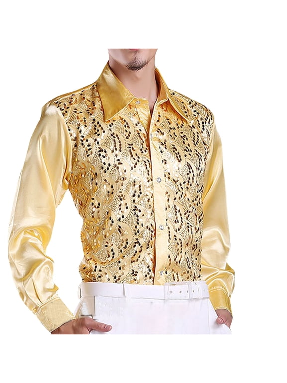Mens Shiny Sequin Dress Shirt Hollow Out Long Sleeve Button Down Performance Tops for Show & Party