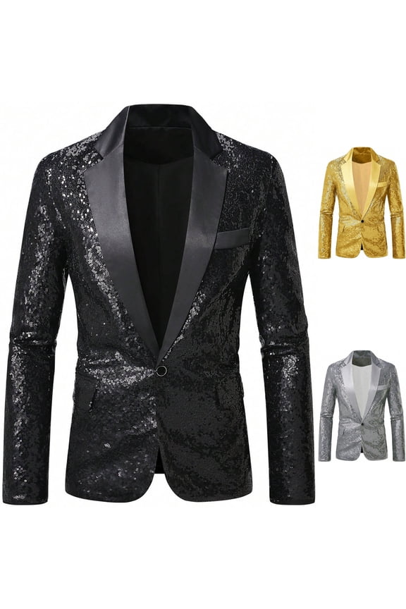 Mens Shiny Sequin Party Blazer One Button Satin Lapel Suit Jacket Metallic Glitter Sport Coat Tuxedo with Pockets for Nightclub Rave Festival Stage, Black, XXL