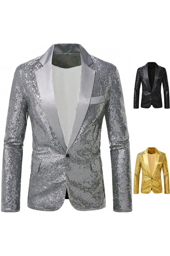 Mens Shiny Sequin Party Blazer One Button Satin Lapel Suit Jacket Metallic Glitter Sport Coat Tuxedo with Pockets for Nightclub Rave Festival Stage, Silver, S