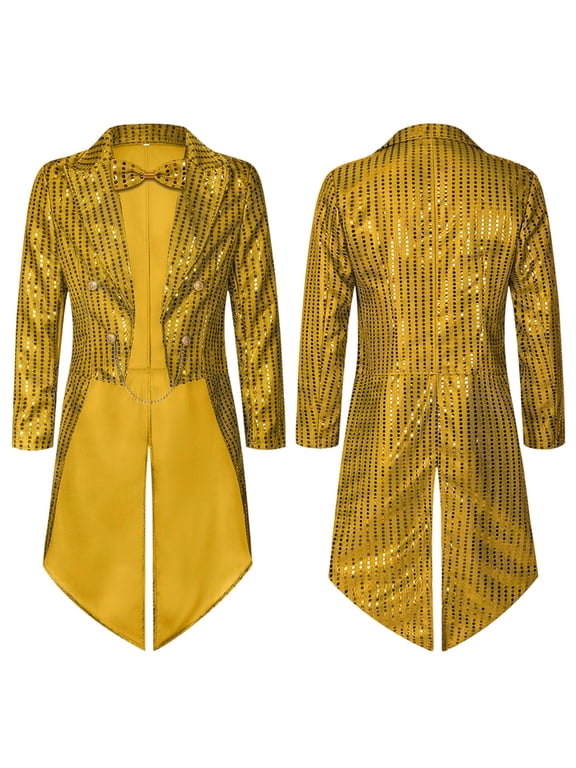 Mens Shiny Sequin Tailcoat Jacket Victorian Long Sleeve Collared Halloween Medieval Steampunk Blazer Outfits