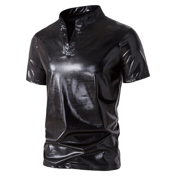 Mens Shiny T Shirts Short Sleeve V Neck Stand Collared Tees Tops Trendy Solid Color Pullover Slim Breathable Nightclub Party Tshirts Shirt
