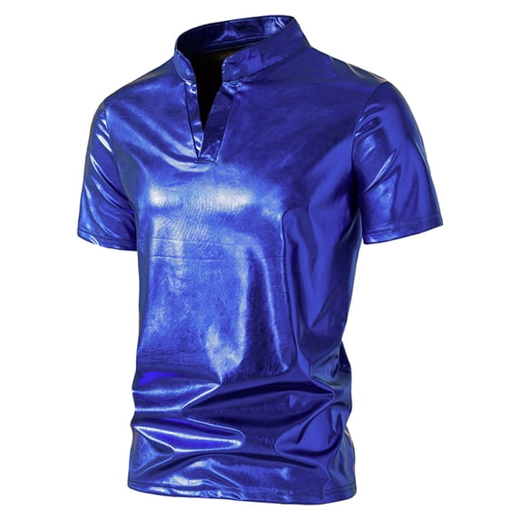 Mens Shiny T Shirts Short Sleeve V Neck Stand Collared Tees Tops Trendy Solid Color Pullover Slim Breathable Nightclub Party Tshirts Shirt