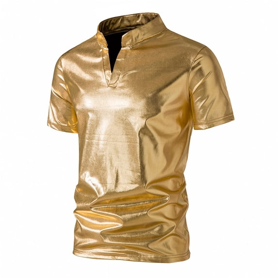 Mens Shiny T Shirts Short Sleeve V Neck Stand Collared Tees Tops Trendy Solid Color Pullover Slim Breathable Nightclub Party Tshirts Shirt
