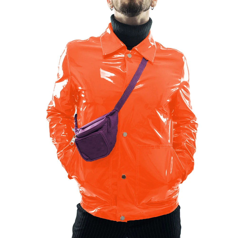 Mens Shiny Wet Look PVC Jackets Turn Down Collar Casual Faux Leather Pockets Nightclub Jacket Tops Walmart