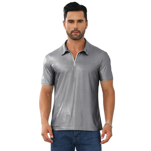 Mens Shirt 70s Zip Polo Shirts Short Sleeve Shiny Shirt Disco Outfits Party Costume Top