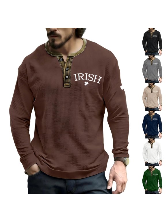 Mens Shirt Casual Saint Patrick's Day Printed Henley Shirts Patriotic Irish St. Patricks Day Ireland Waffle Sweatshirts Long Sleeve Tee Top