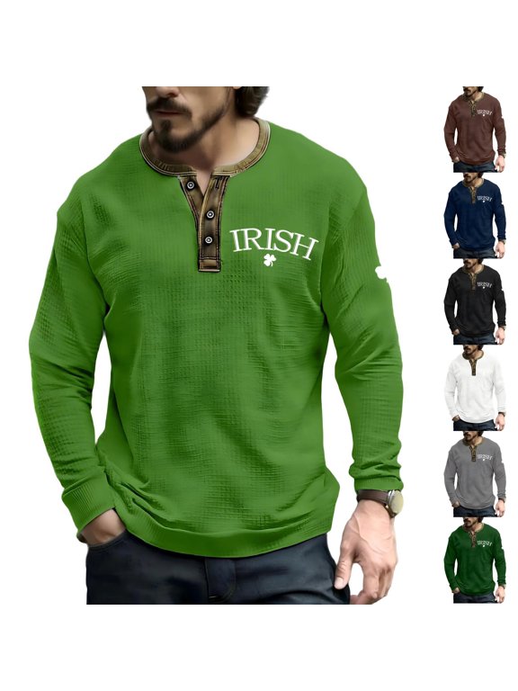 Mens Shirt Casual Saint Patrick's Day Printed Henley Shirts Patriotic Irish St. Patricks Day Ireland Waffle Sweatshirts Long Sleeve Tee Top