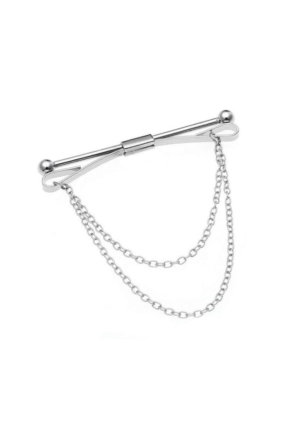 Mens Shirt Collar Clip With Double Chains Tassels Neck Tie Cravat Bar Pin Classical Collar Clasp Gift For Formal Party Silver There Is A Chain