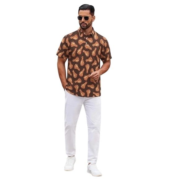 Mens Shirt Comfort Breathable Short Sleeve Printed Leisure Mens formal Shirts,Brown,S