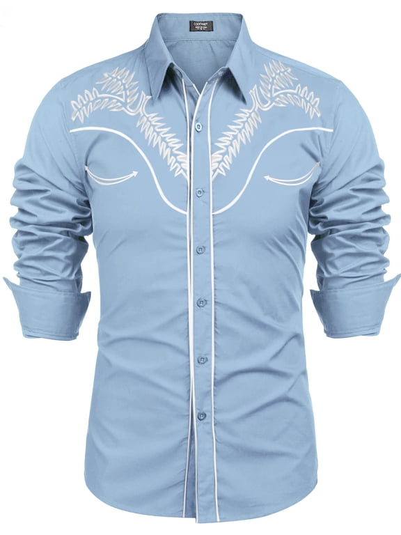 Mens Shirt Embroidered Western Slim Fit Casual Button Down, (LIGHT BLUE, L)