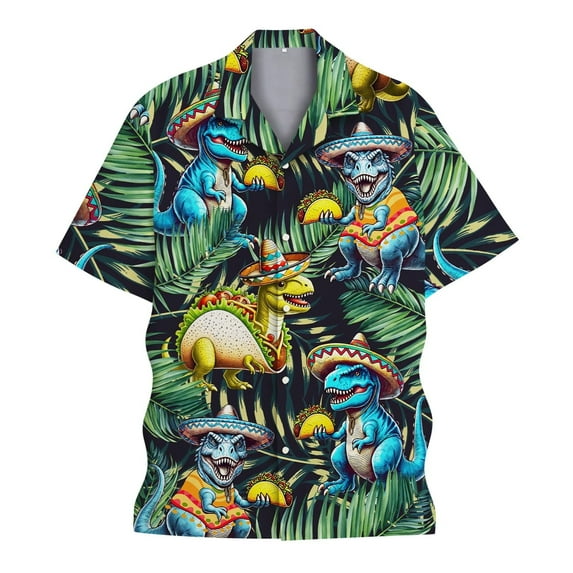 Mens Shirt Head Turning Dinosaur Print Button Up Lapel Short Sleeve Shirt Casual Relaxed Fit Lightweight Going Out Tops