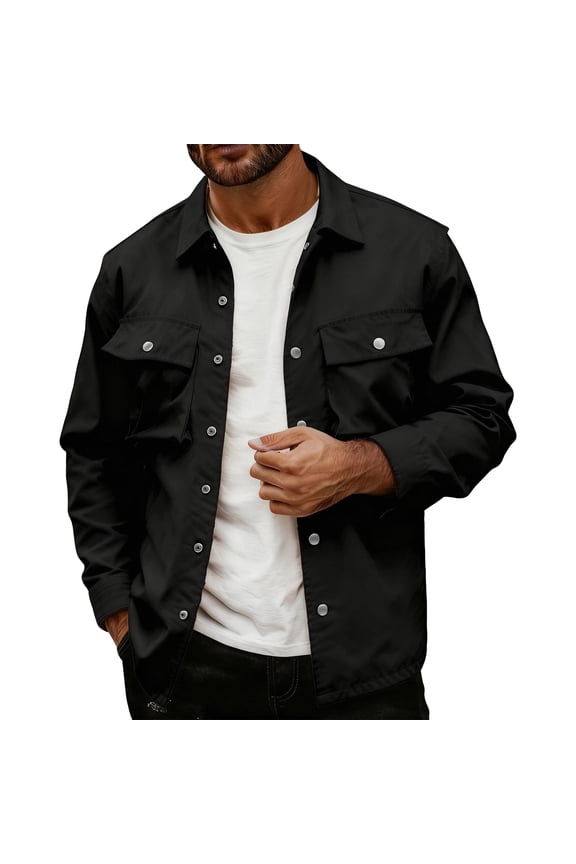 Mens Shirt Jacket Casual Button Up Shirts Long Sleeve Lightweight Shacket With Flap Pockets for Workwear and Outdoor Activities in Multiple Colors Available Now,Black,3XL