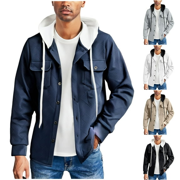 Mens Shirt Jackets Winter Coat for Men Men's Fashionable Solid Color Long Sleeved Hooded Drawstring Pocket Button Jacket, S-3XL