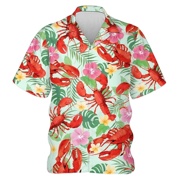 Mens Shirt Lobster Floral Print Button Up Lapel Short Sleeve Shirt Breathable Relaxed Fit Casual Vacation Funny Shirts for Men