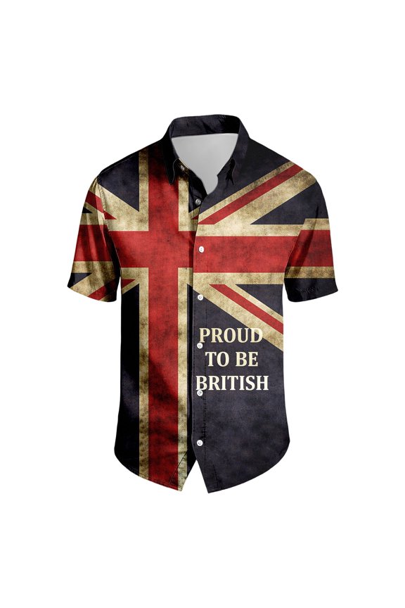 Mens Shirt Men's Short Sleeve Shirt British Print Turn Down Collar Casual Wear Lightweight Patriotic Design Breathable Summer Dark Blue L