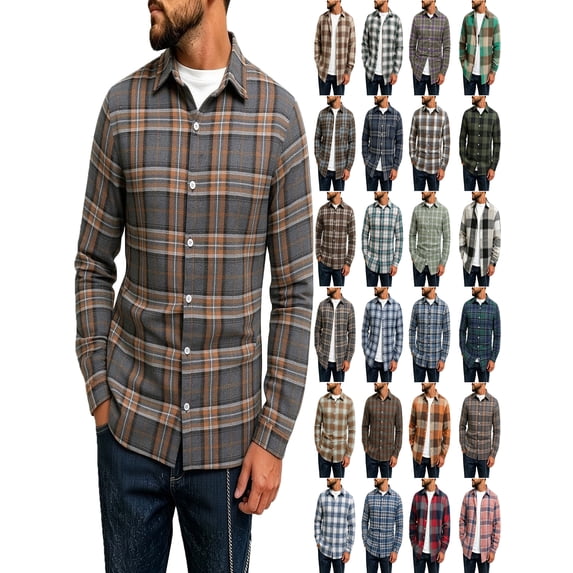 Mens Shirt Plaid Flannel Long Sleeve Collared Shirt Jacket Casual Fall Winter Tops for Daily Outdoor Wear