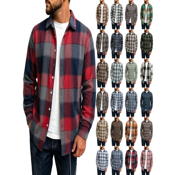 Mens Shirt Plaid Flannel Long Sleeve Collared Shirt Jacket Casual Fall Winter Tops for Daily Outdoor Wear