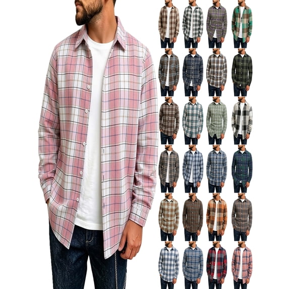 Mens Shirt Plaid Flannel Long Sleeve Collared Shirt Jacket Casual Fall Winter Tops for Daily Outdoor Wear