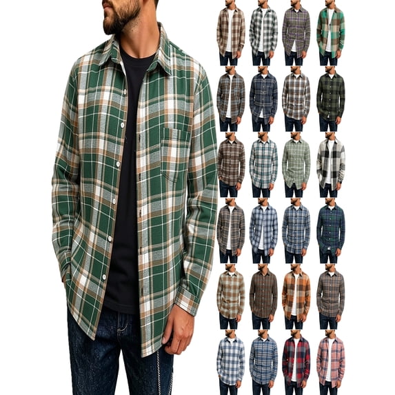 Mens Shirt Plaid Flannel Long Sleeve Collared Shirt Jacket Casual Fall Winter Tops for Daily Outdoor Wear
