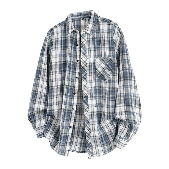 Mens Shirt Plaid Loose Fit Button Up Spring Summer Fall Tops with Pockets Collared Long Sleeve Comfortable Men's Dress Shirts