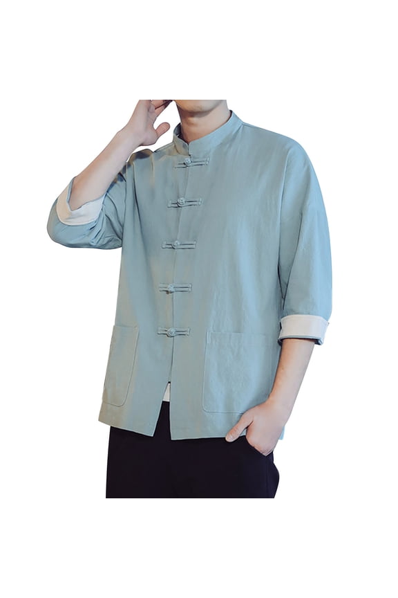 Mens Shirt Retro Short Sleeved Tang Plate Buckle Hanfu Breathable Mens Activities Shirt,Green,2XL