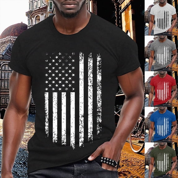 Mens Shirt Shirt Tops America Flag Patriotic Short Sleeve Independence Day ShirtSize M