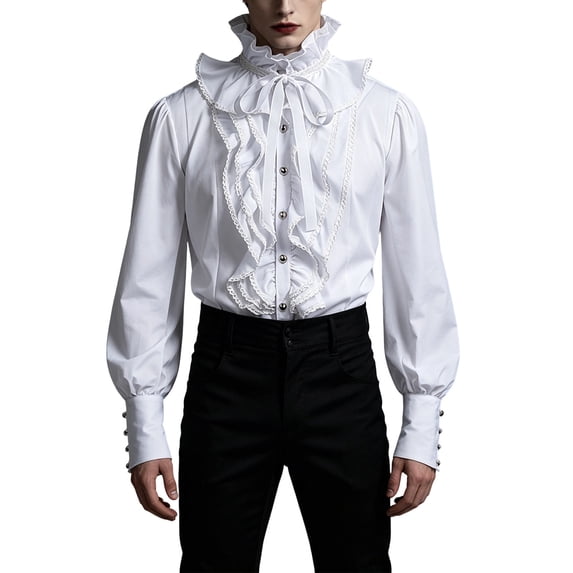 Mens Shirt, Shirt for Mens Gothic Victorian Ruffled High Collar Long Sleeves Steampunk Blouse with Bow Tie White L