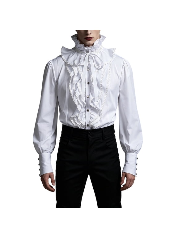 Mens Shirt, Shirt for Mens Gothic Victorian Ruffled High Collar Long Sleeves Steampunk Blouse with Bow Tie White M