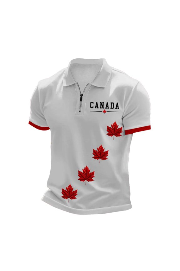 Mens Shirt Short Sleeve Canadian Print Collar Half Zip Perforce Mens Undershirts,White,S