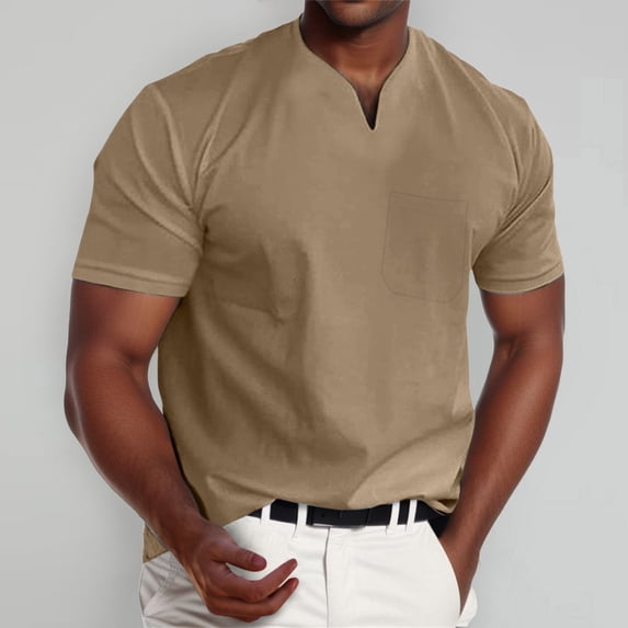 Mens Shirt Short Sleeve V Neck Basic Khaki Shirts Summer Vacation Beach Shirts