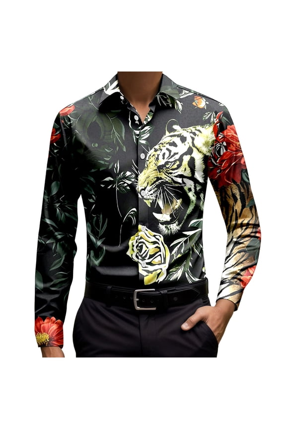 Mens Shirt Tiger Floral Printed Long Sleeve Comfortable Button Down Collared Tops Slim Fit Fashion Party Free Men's Dress Shirts