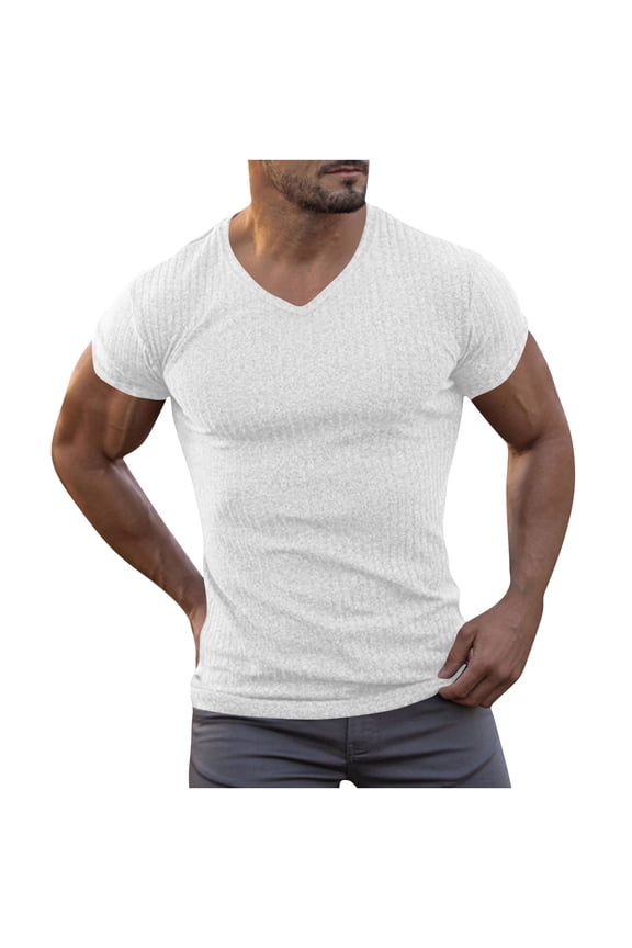 Mens Shirts Under $10 Mens Muscle V Neck T Shirt Fitted Gym Gear Workout Short Sleeve Tee Stretch Active Bodybuilding Ribbed Knit Shirts Plain White XXL