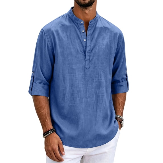Mens Shirts 3/4 Sleeve Cotton Linen Henley T-shirts Lightweight Oversized Button Up Summer Solid Tops