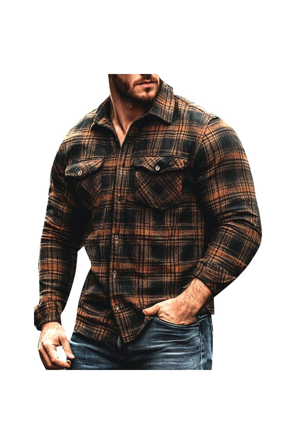 Mens Shirts, Awwp Autumn 3D Printed Plaid Single Breasted Long Sleeve Shirts for Men Navy XXL