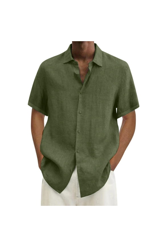 Mens Shirts Big And Tall Button Down Summer Hawaii Solid Short Sleeve Double Pocket Turn Down Collar Button T Shirts For Men Fashion Army Green M